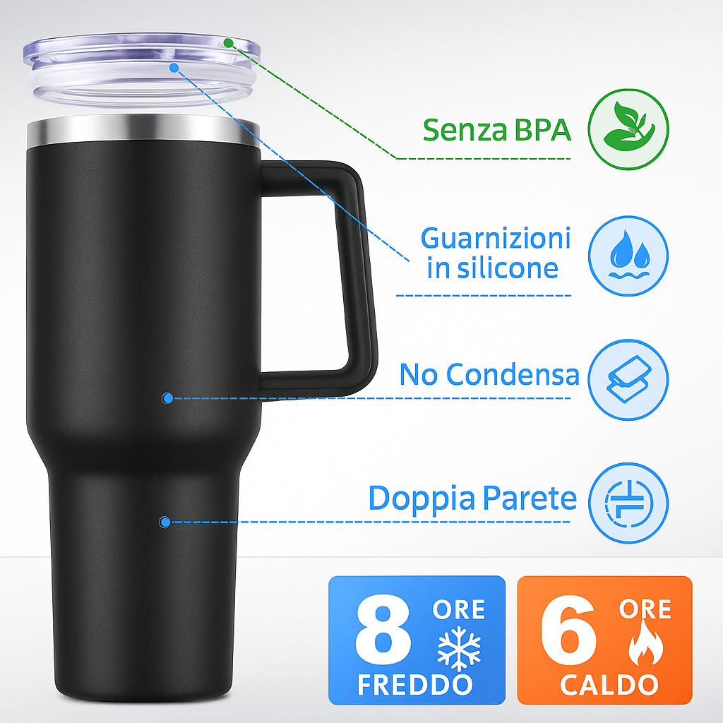 ThermoLuxe™ – Tazza Termica Premium 1200ml | Caldo & Freddo 12h Senza Perdite
