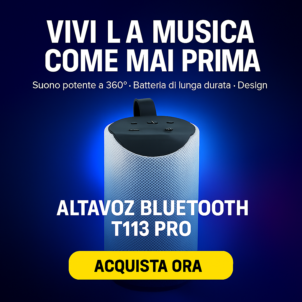 Altoparlante Bluetooth T113 PRO 10W + regalo — Suono a 360°, batteria da 4 ore e supporto mobile