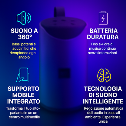 Altoparlante Bluetooth T113 PRO 10W + regalo — Suono a 360°, batteria da 4 ore e supporto mobile
