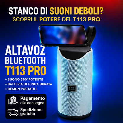 Altoparlante Bluetooth T113 PRO 10W + regalo — Suono a 360°, batteria da 4 ore e supporto mobile