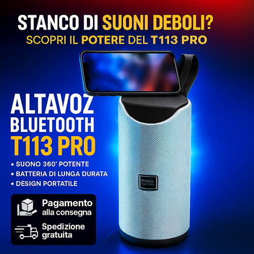 Altoparlante Bluetooth T113 PRO 10W + regalo — Suono a 360°, batteria da 4 ore e supporto mobile